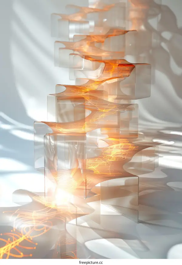 Abstract Illustration of Glowing Orange Cubes in a Corridor