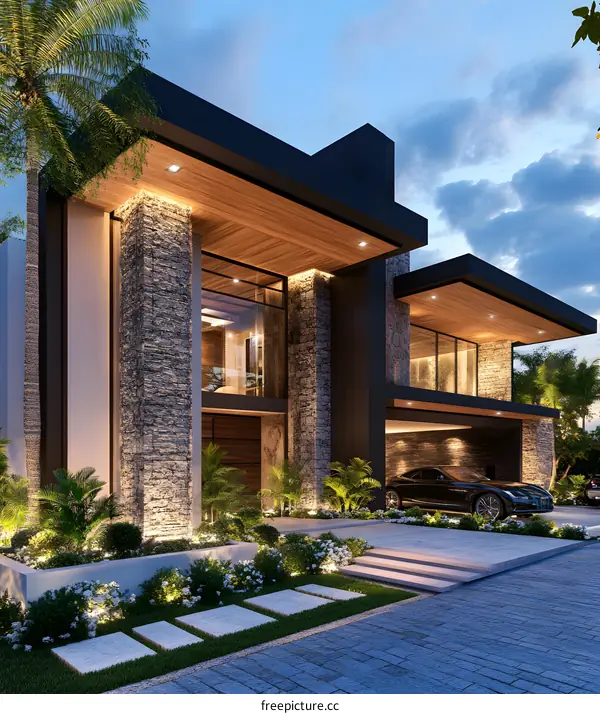 Modern Luxury Home Design With Stone Wall And Garage