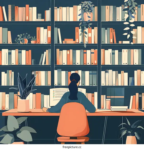 Woman Sitting At Desk With Bookshelves In The Background