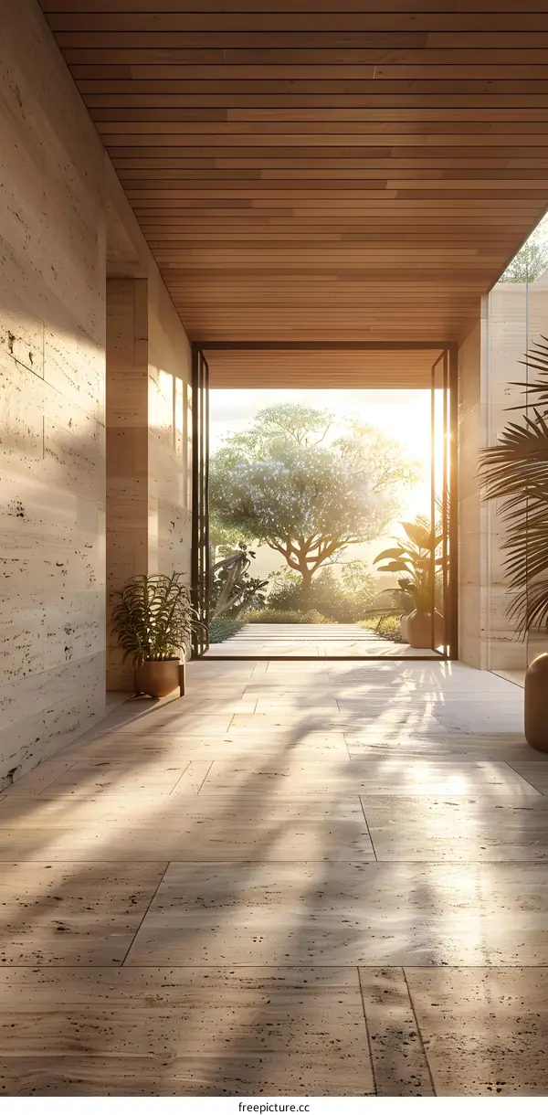 Bright hallway with plants and sunlight