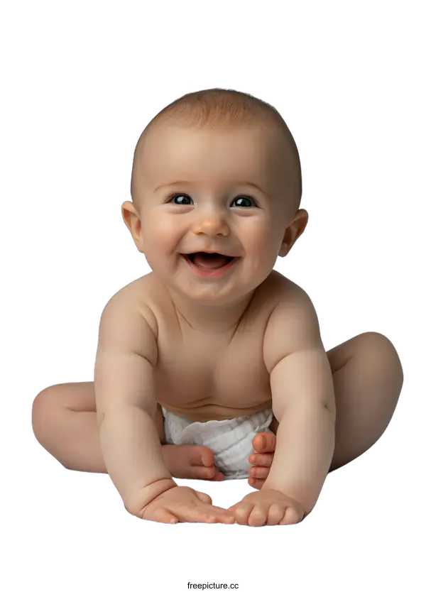 [Transparent Background PNG]Portrait of a Smiling Baby Boy Sitting on a White Blanket