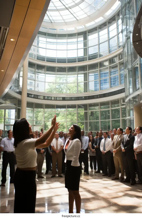 Two businesswomen in suits giving a presentation to a group of people in a large atrium