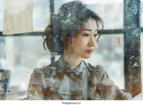 A woman is looking out the window thoughtfully