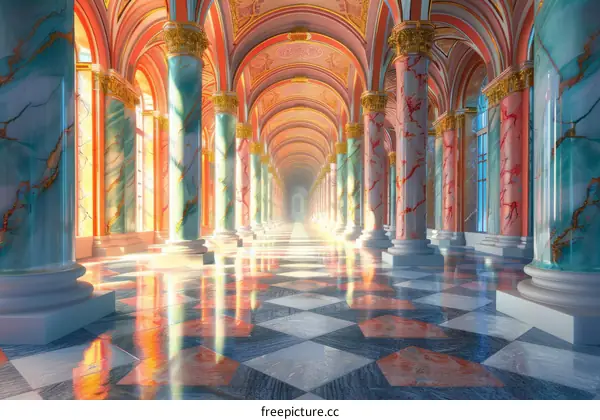 Pink Hallway with White Marble Floor and Arched Walls