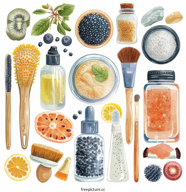 watercolor illustration of natural skin care products and cosmetic ingredients