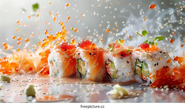 Sushi rolls with caviar and avocado