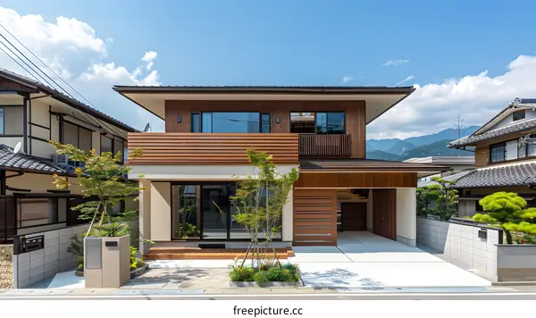 Modern Japanese House with Wooden Facade and Green Landscaping