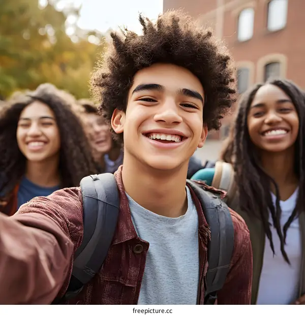 Smiling Teenager Taking Selfie with Friends in Front of School Building