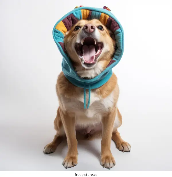 A dog wearing a colorful hood is sitting on a white background