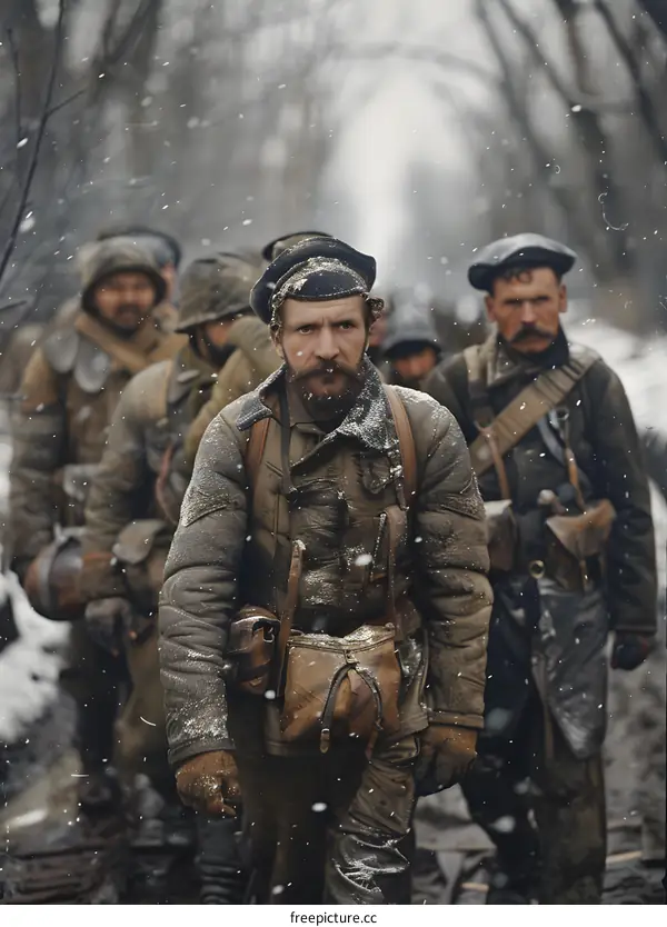 A group of soldiers walking through the snow in a forest during World War I.