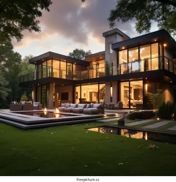 Modern luxury house with pool and outdoor seating area