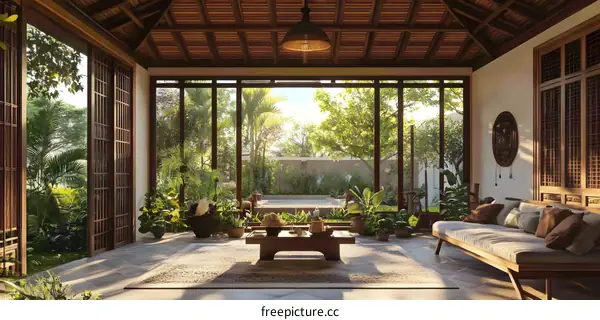 Modern Asian Interior Design with Wooden Ceiling and Large Windows