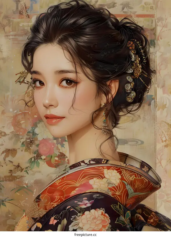Illustration of a beautiful woman in a kimono