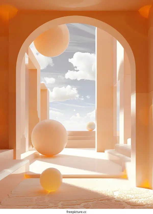 Abstract Minimalist Archway with Beige Walls and Spheres
