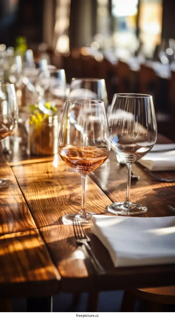 Two nearly empty wine glasses on a wooden table in a restaurant