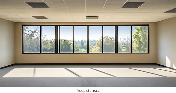 Empty Office Room with Large Window and View of Trees