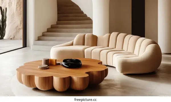 Modern Beige Sectional Sofa and Wooden Coffee Table in a Living Room