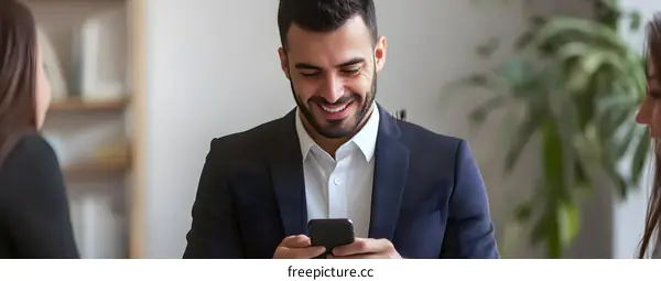 Smiling Businessman Checking Smartphone While Meeting