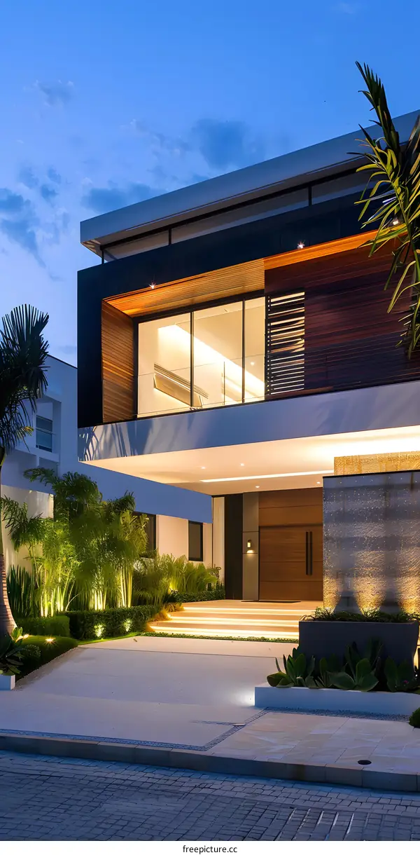 Modern House with a Stone Wall and Landscaping