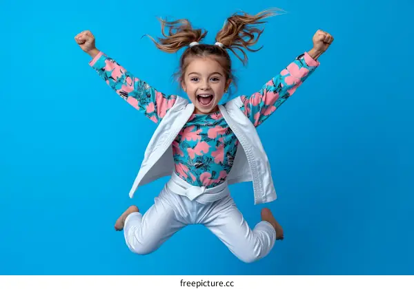 Joyful Girl Jumping in Front of a Blue Background