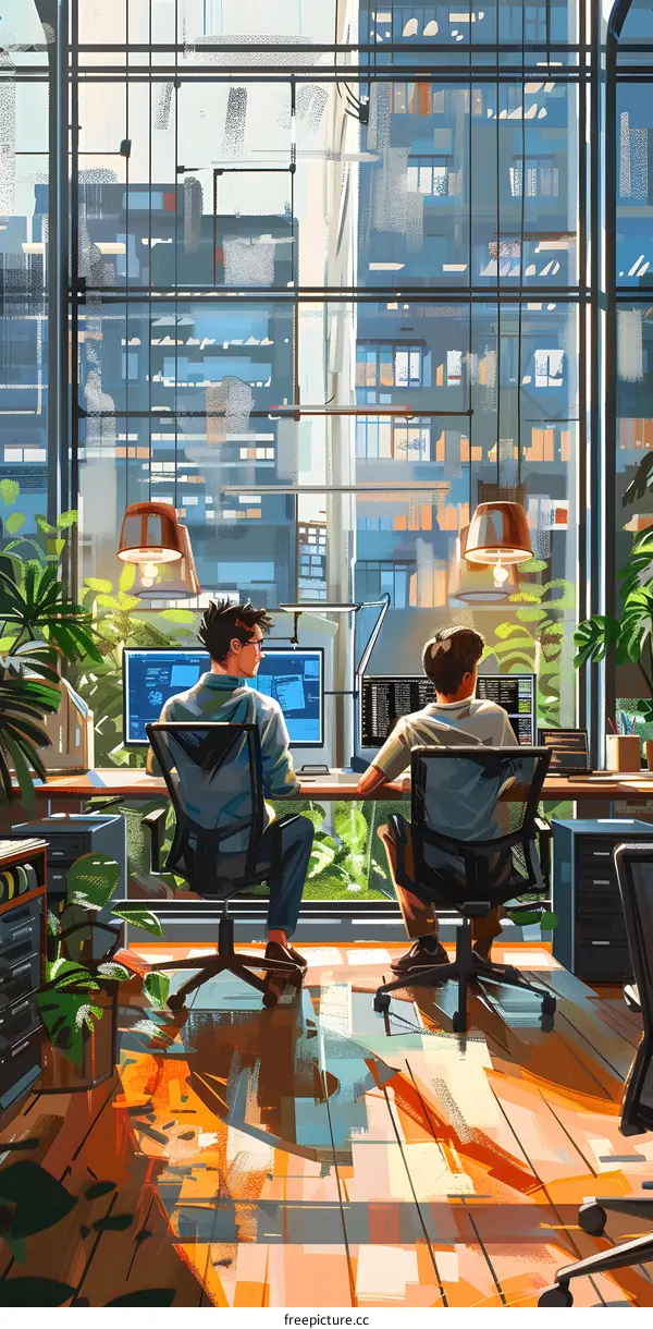 Two men working in an office with large windows