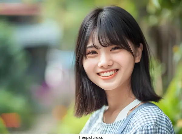 Smiling Asian Woman With Short Hair In a Checkered Shirt