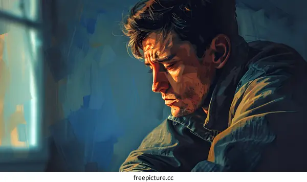 A painting of a man looking sad with a window in the background