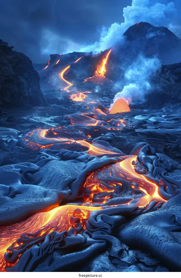Hualalai volcano lava flow at night in Hawaii