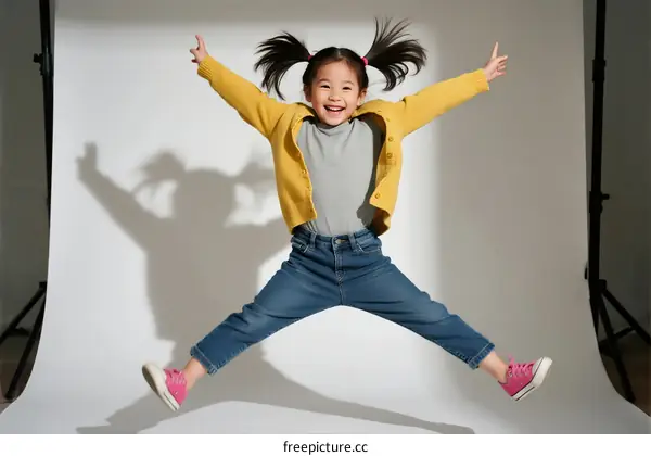 A joyful little girl jumping with arms and legs spread out
