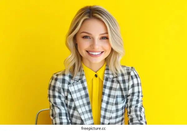 Smiling Caucasian Woman in Plaid Business Outfit Against Yellow Background
