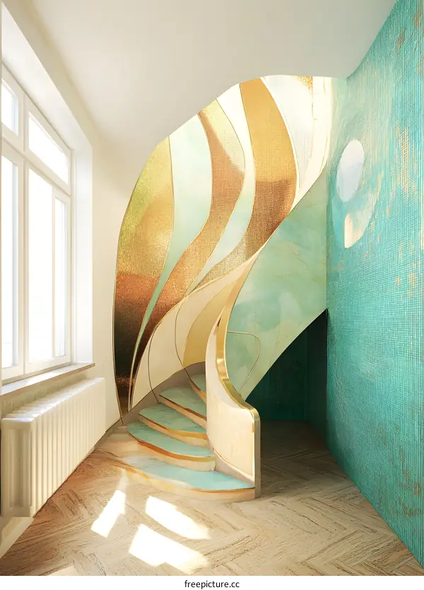 Abstract Curved Staircase with Golden and Turquoise Tiles