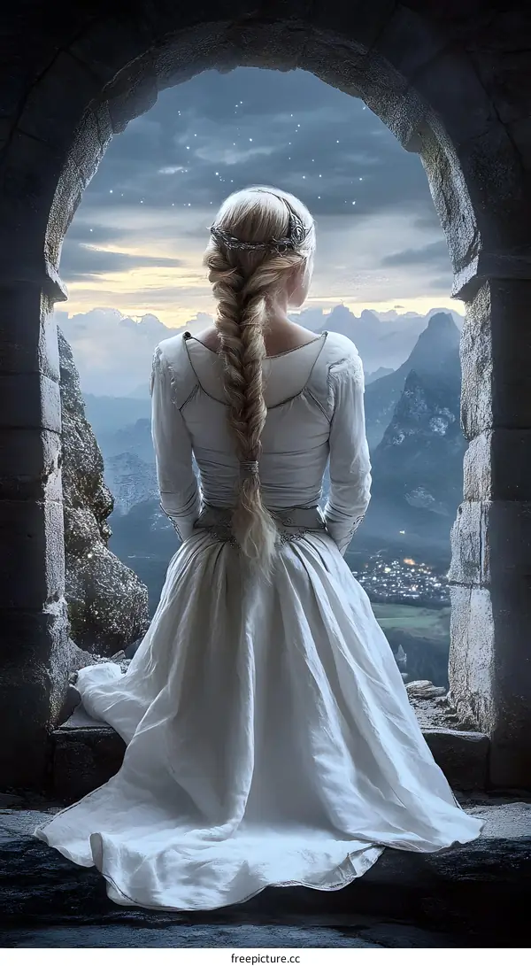 Woman in White Dress Looking Out Window at Mountain View