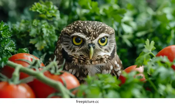 Little Owl Athene noctua in a vegetable garden with tomatoes