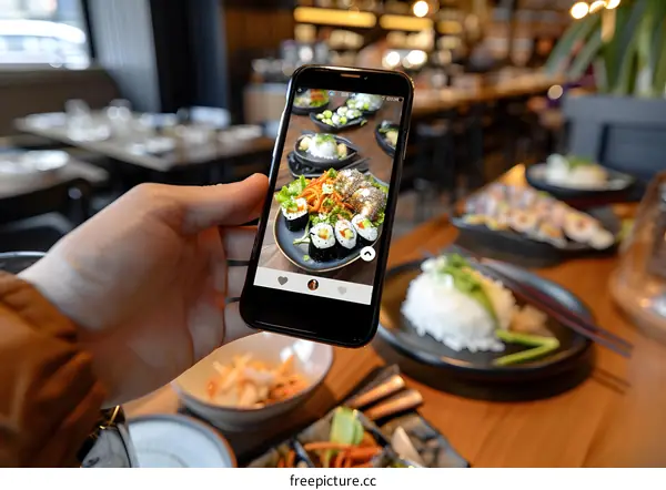 Hand Holding Phone with Photo of Sushi Rolls on Plate