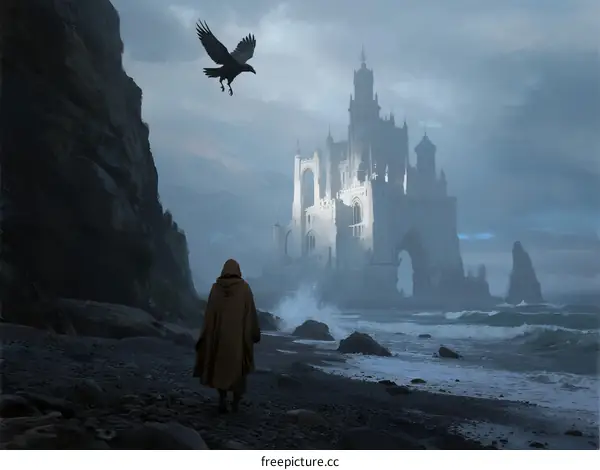 Mysterious Castle on Rocky Coast with Flying Raven and Figure