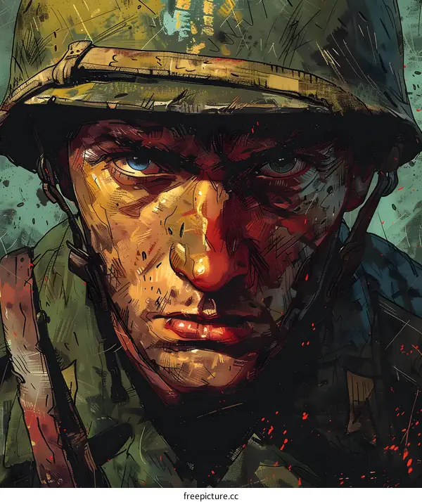 Portrait of a soldier wearing a green helmet