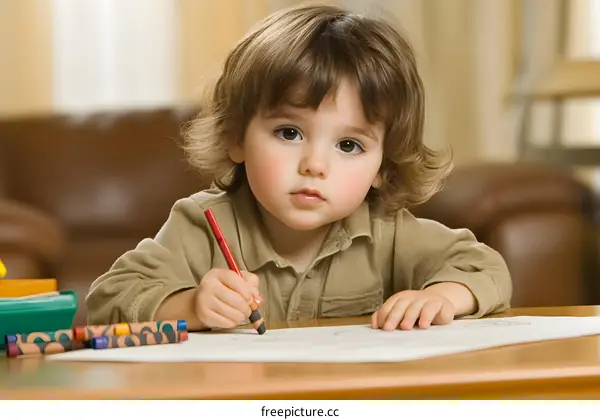 Little Girl Drawing with Crayons
