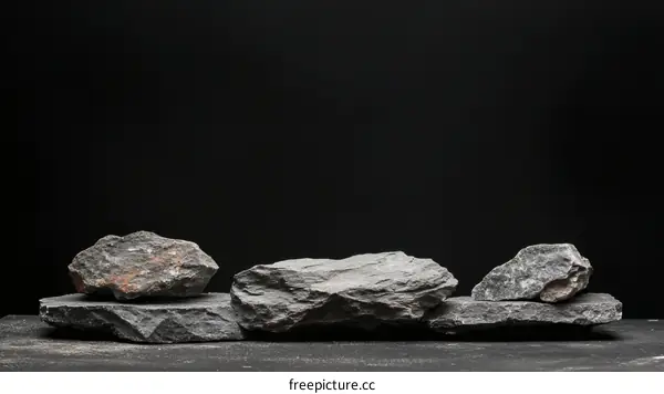 Grey Stones Display Against Black Background