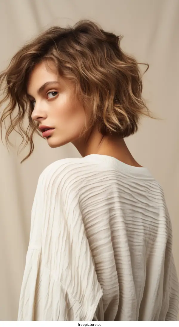 Fashion model with wavy hair wearing stylish clothes