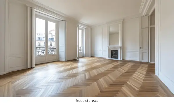 Empty Parisian Apartment Interior with Herringbone Flooring