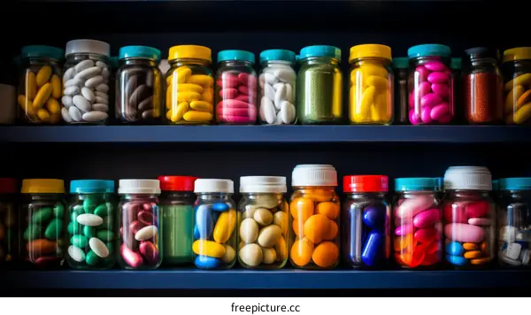 Colorful pills and tablets in glass jars on shelves