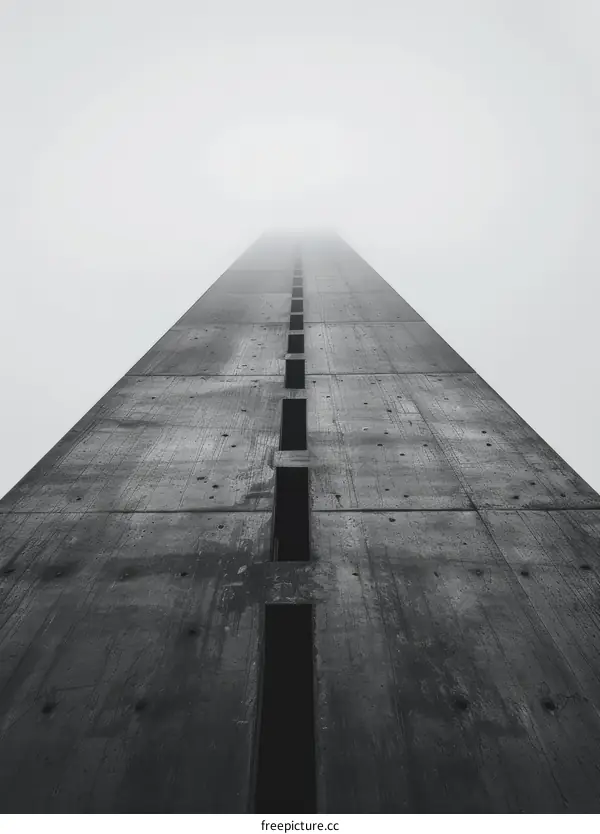 Towering Concrete Monolith Shrouded in Eerie Mist