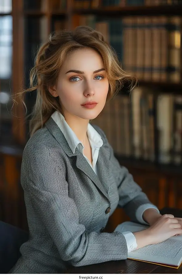 Elegant Woman in Library Setting