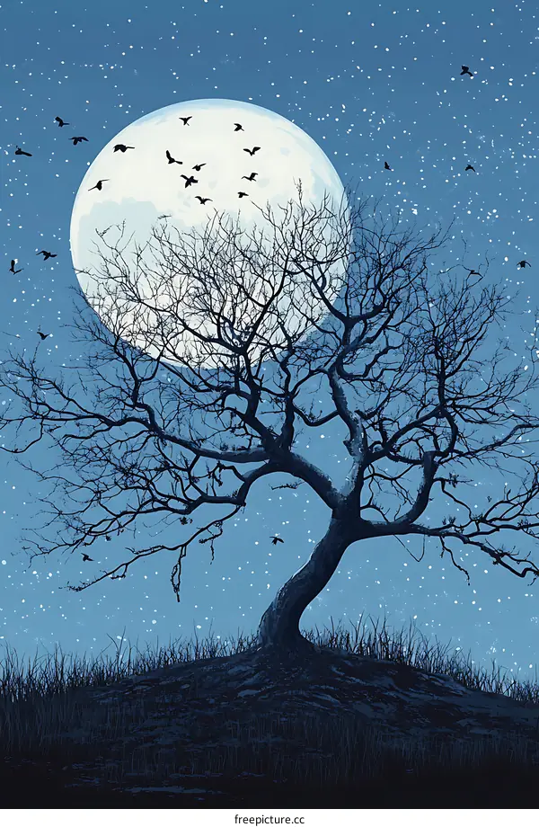 Silhouette of a Tree Under a Full Moon