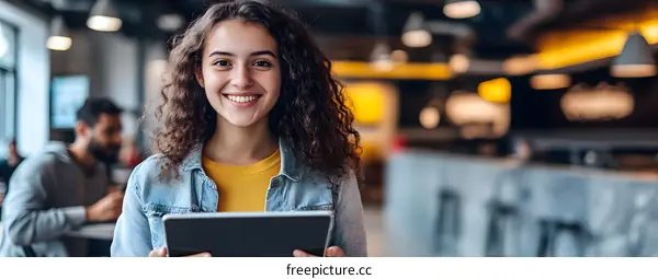 Smiling Woman Using Tablet In Office Setting