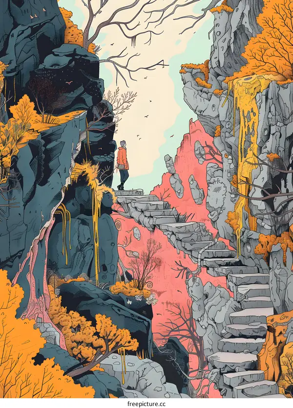 Person Walking Up Stone Steps in Surrealistic Landscape