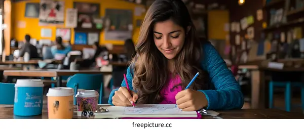 Young Hispanic Woman Drawing in a Coffee Shop