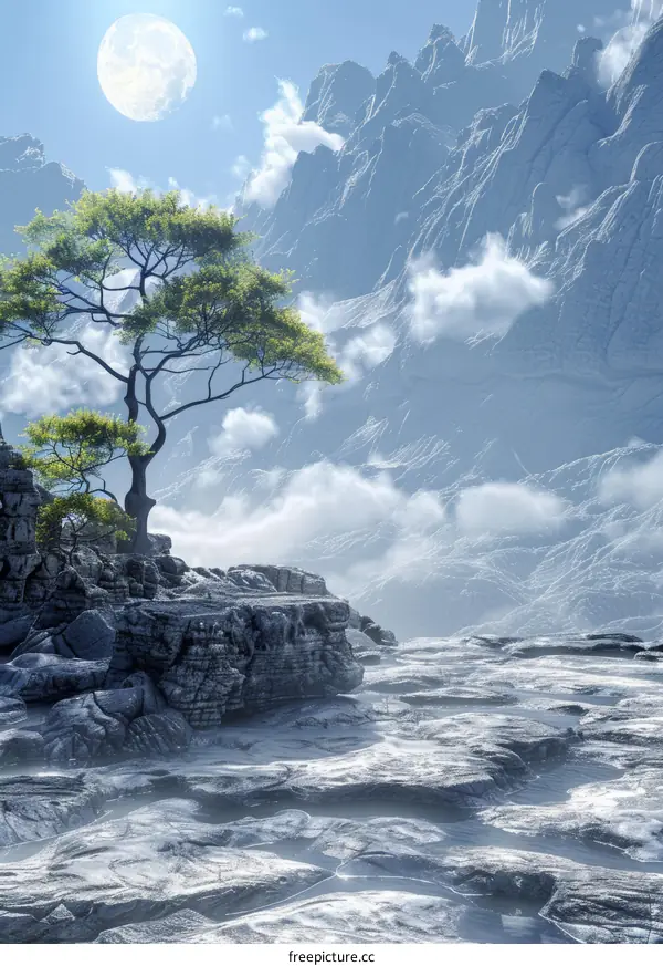 Lonely Tree on a Rocky Outcrop with Peak and Moon