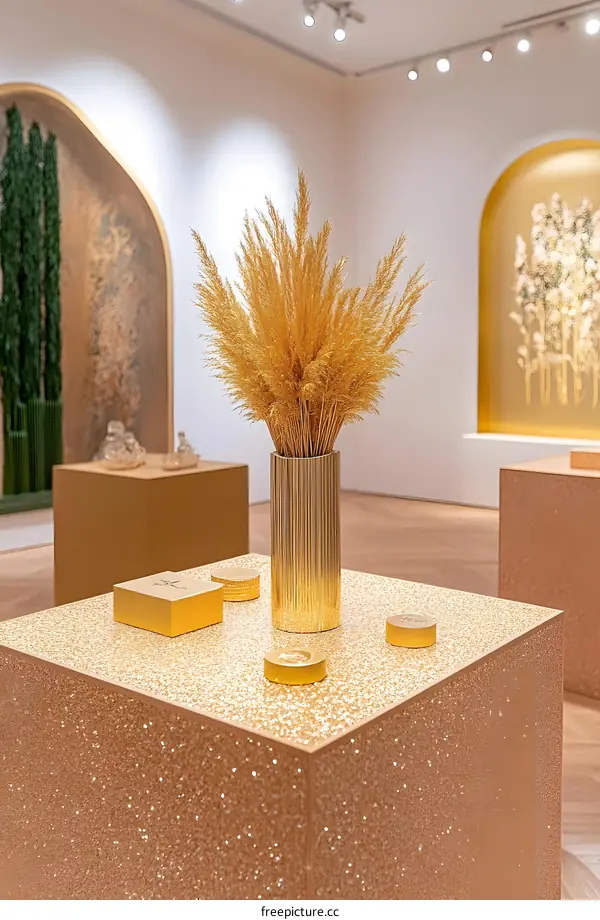 Golden Vase with Dried Pampas Grass in a Modern Interior
