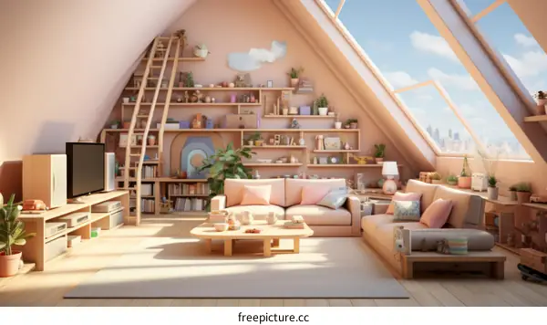 Cozy Attic Living Room with Pink Sofa and City Skyline